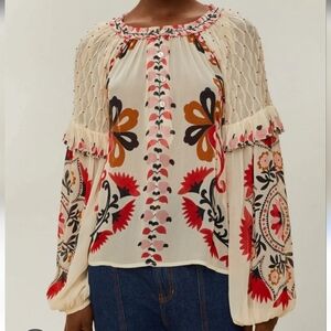 Farm Rio Cashew Mandala Embroidered Boho Blouse Size Medium Nwt
